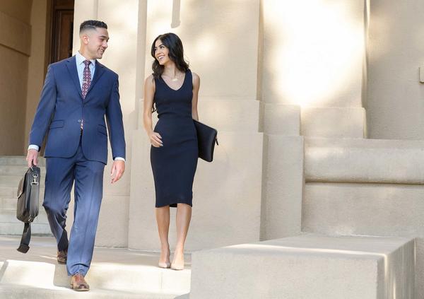Grad students on stairs of Anderson Hall, UCR School of Business